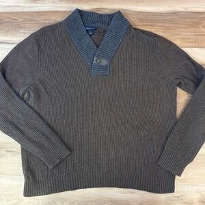 Lands End Sweater Mens L Merino Wool Ribbed Shawl Collar Brown Heritage Classic